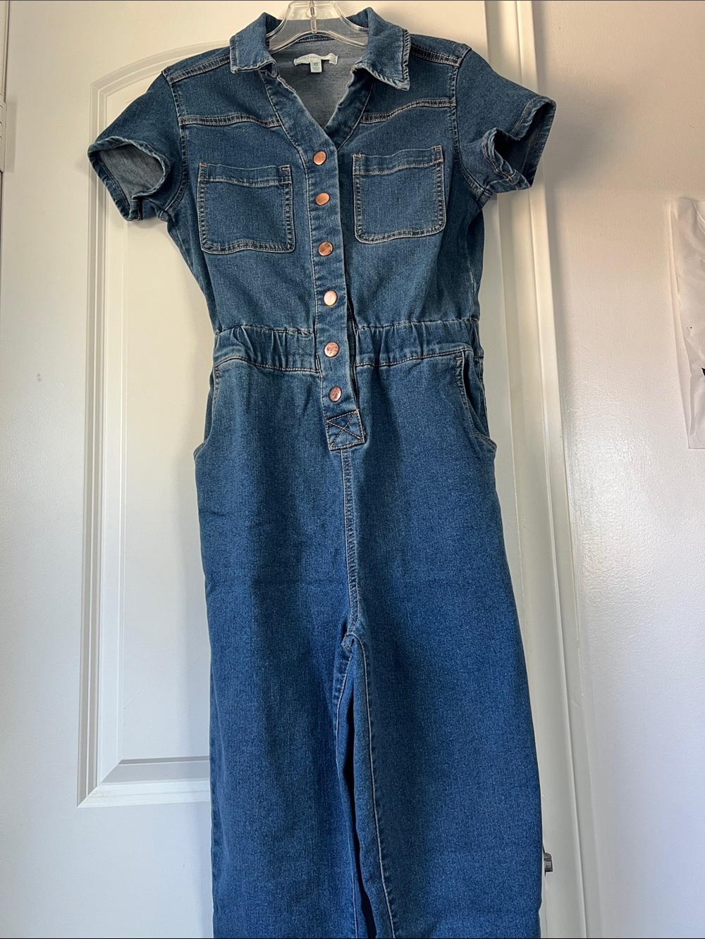 Celebrity Pink Blue Denim One-Piece Front Snap Button Romper in XS
